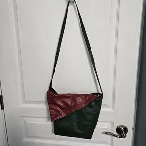 Vintage 80s Colorblock Crossbody Bag Reversible Leatherette Green Black Tan Red